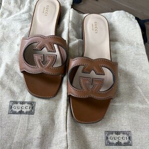 Gucci Tan Leather Logo Slide Sandals